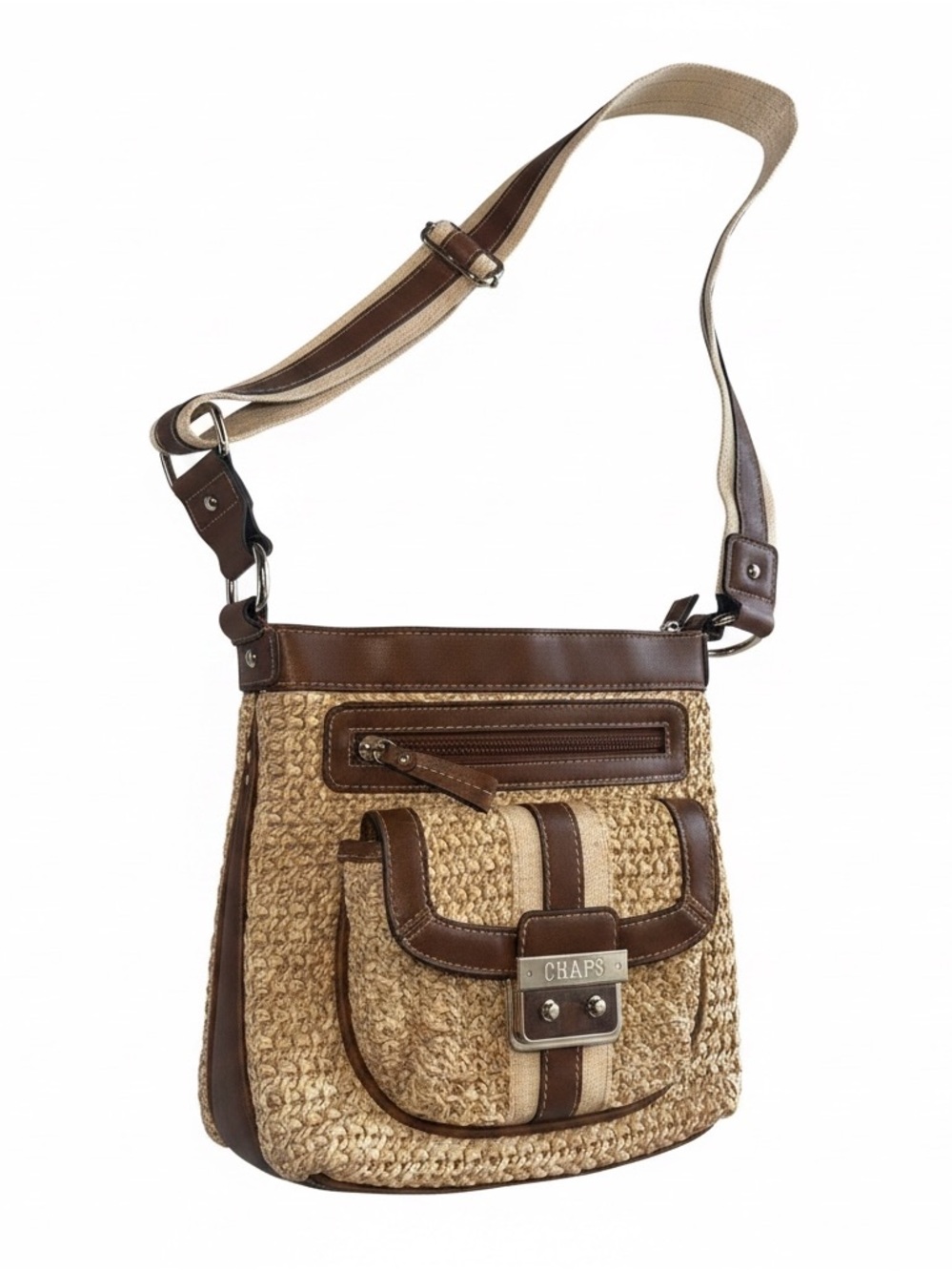 Chaps Brown Woven Crossbody Bag with Leather Trim